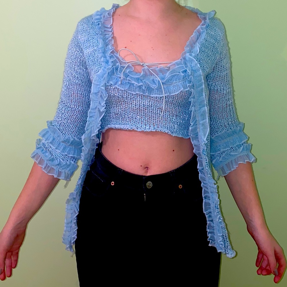 Zone Bleaue- Boho Knit Cardigan with Ruffled Edges
